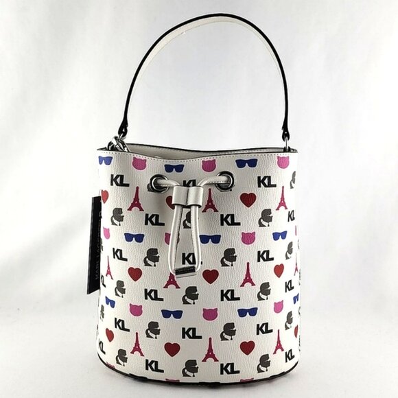 Karl Lagerfeld Paris Crossbody Bucket Bag White Pink - Picture 2 of 16